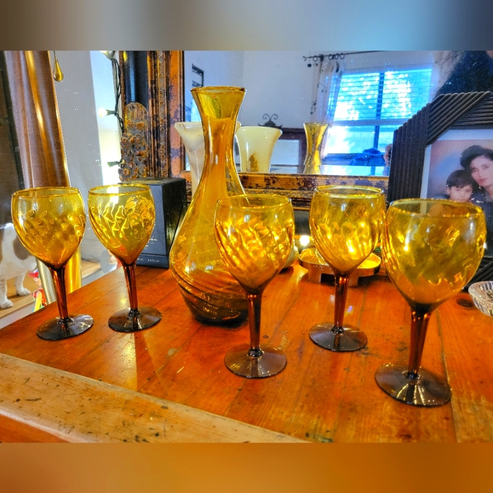 Vintage Amber Glass Drinkware Set